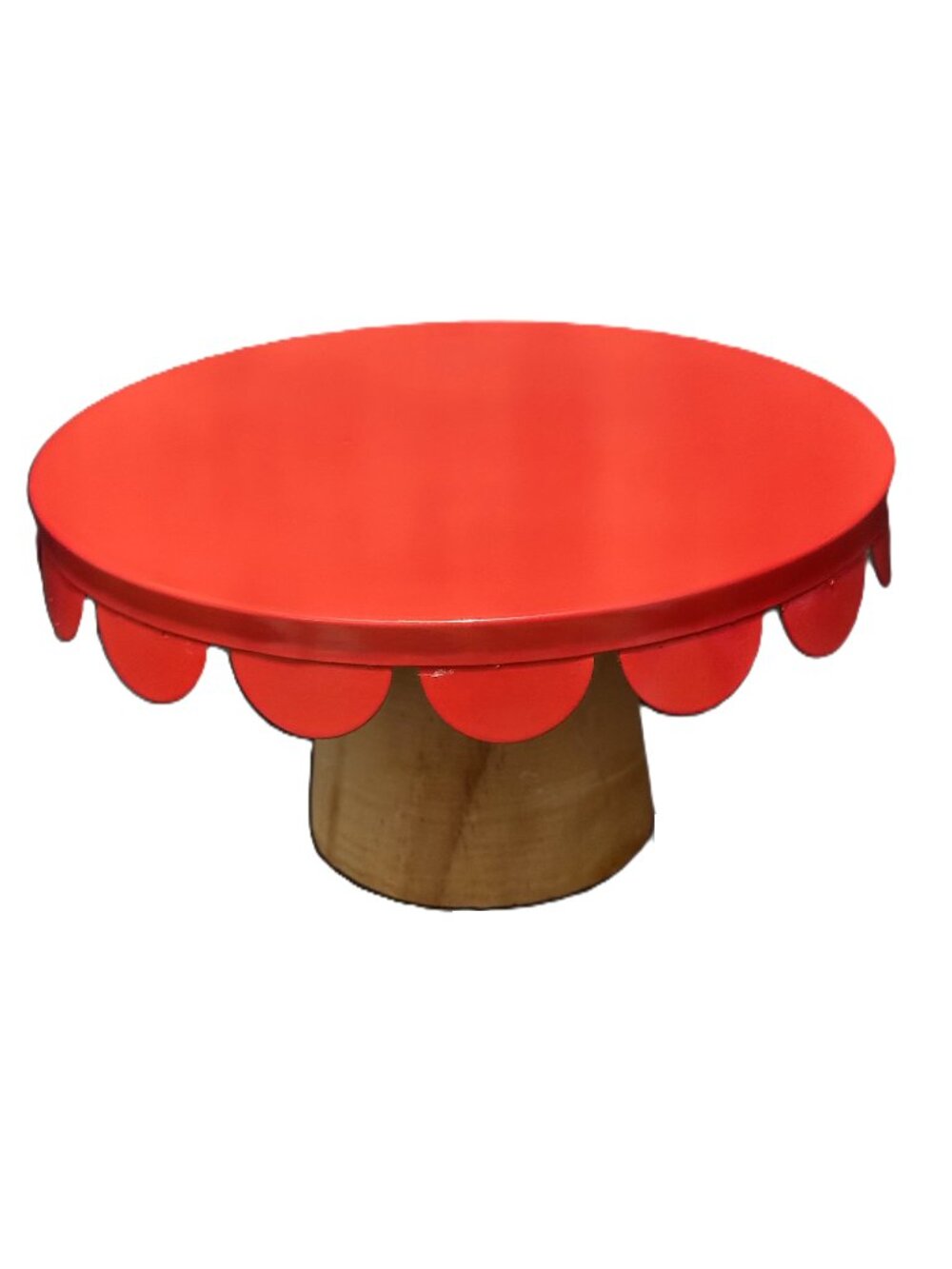 Single Tier Cake Stand, Wood Pedestal, 8-inch Scalloped Red Metal Base